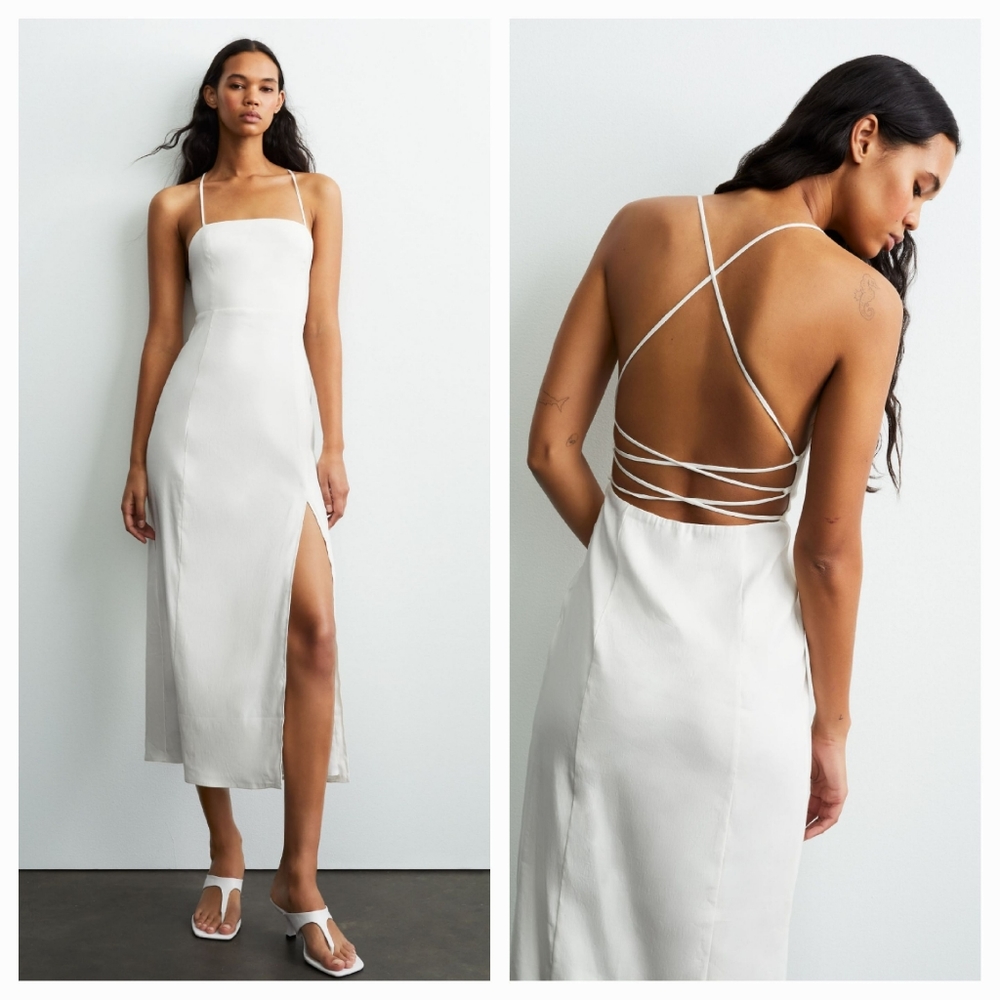 NWT Zara Linen Blend Midi Slit Front Strappy Dress - Picture 1 of 16